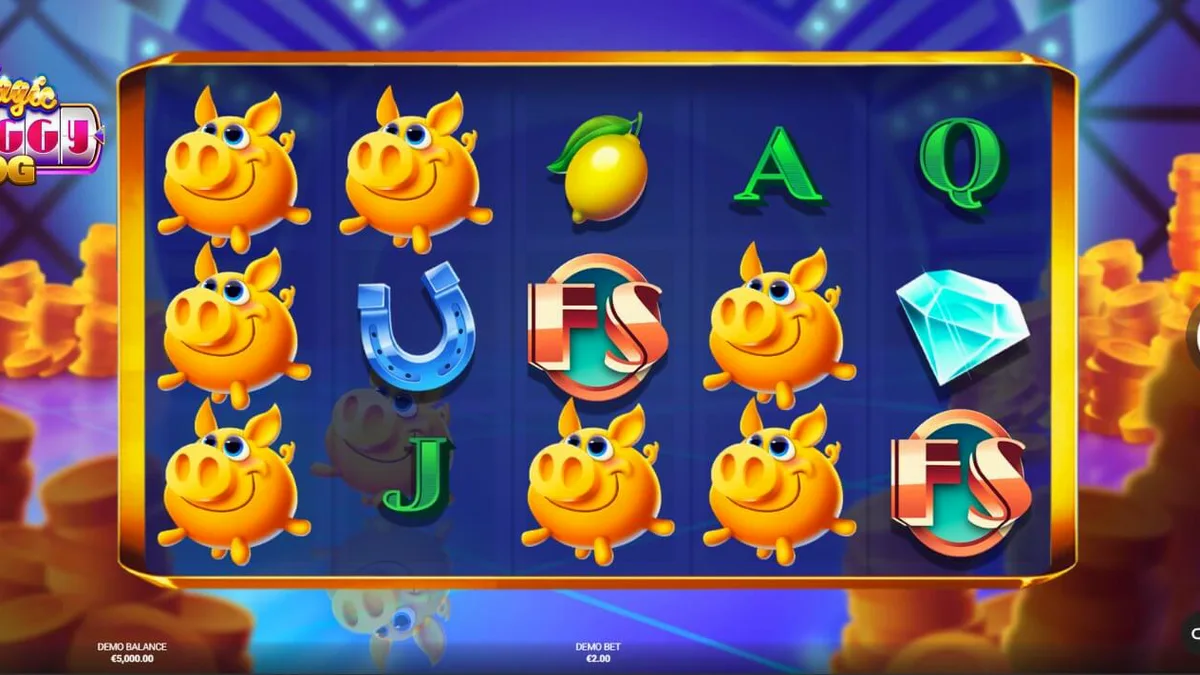 Magic Piggy OG slot game interface na may mga makukulay na piggy bank at neon lights.